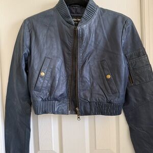 Cropped Blue Leather Jacket